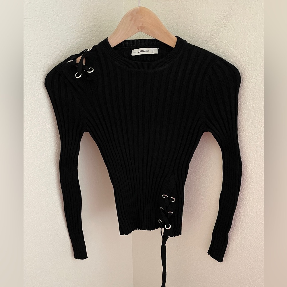 ZARA Y2K Lace Up corset detail Knit Ribbed Top Sweater Black Stretchy Size S
